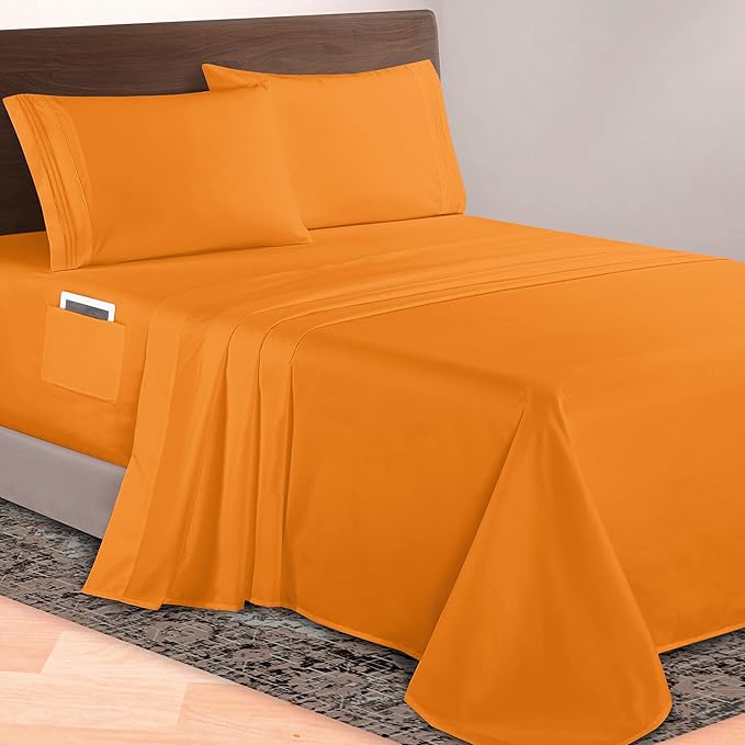 Elegant Comfort Luxurious 1500 Premium Hotel Quality Microfiber 4-Piece Sheet Set, 18-24 Inches Deep - Extra Deep Pocket Sheets - Ultra Soft 4PC Deep Pocket Sheets, Queen, Orange