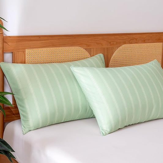 Amazon Basics Stripe Cooling Pillow Cases for Hot Sleepers, Soft Cooling Pillow Covers with Envelope Closure, 20" x 30", Queen, Aloe Green, Pack of 2