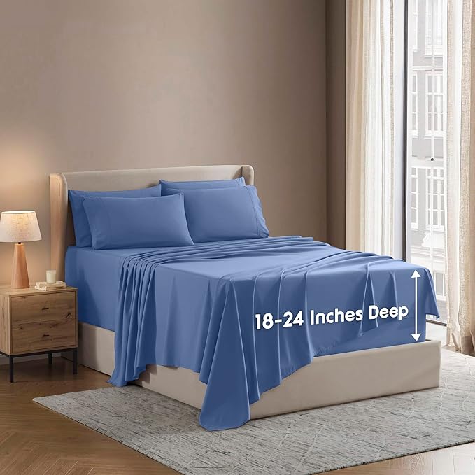 Nestl Extra Deep King Sheet Set - 6 Piece Breathable & Cooling Sheets - Hotel Luxury Bedding Set w/18-24 Inch Deep Pockets - Easy & Secure Fit - Super Soft, Wrinkle Free & Comfy - Calm Blue