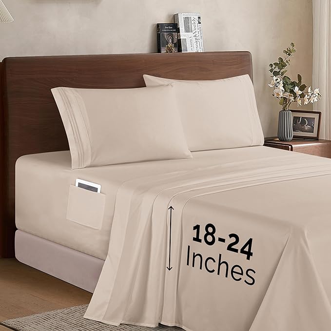 Elegant Comfort Luxury 1500 Premium Hotel Quality Microfiber 4-Piece Sheet Set - Soft, All Around Elastic 18-24 Inches Deep Fitted Sheet - Extra Deep Pocket Sheets, King, Cream
