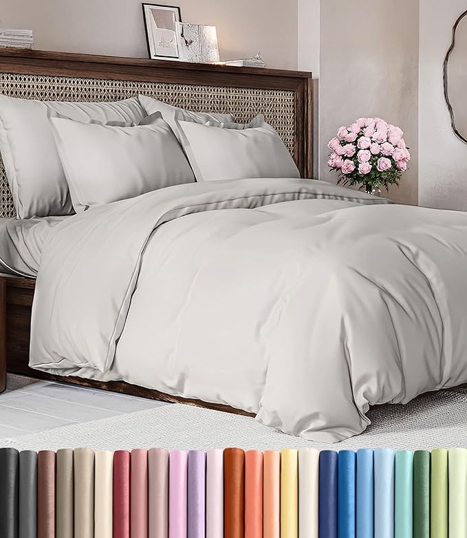 Duvet Cover Super King Size Set - Extra Soft Super King Duvet Cover with 2 Pillow Shams - Hotel Luxury, Easy Care & Fade Free with Zipper Closures & Ties - Comfy, Cozy and Breathable (French Grey)