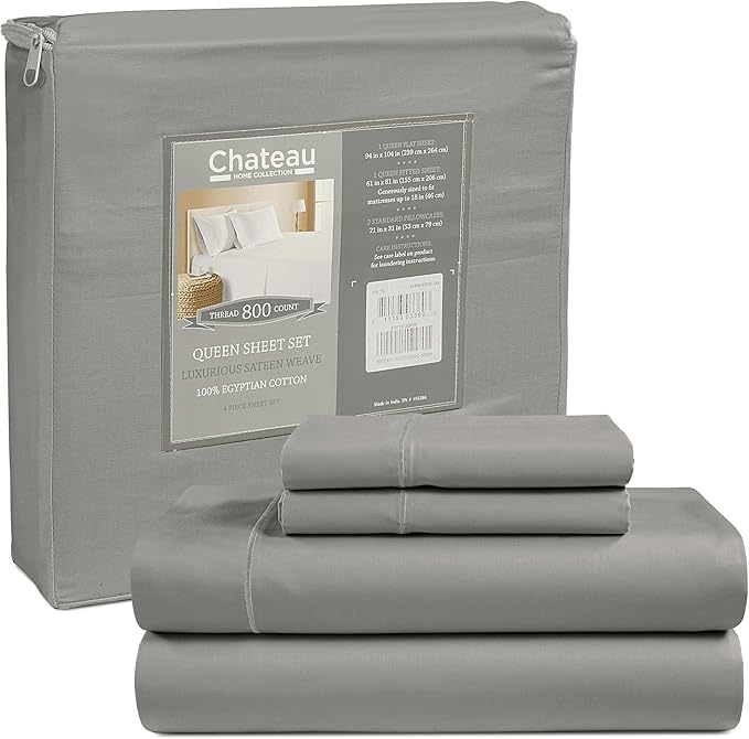 Egyptian Cotton Sheets Full Size Bed Set 15" Deep Pockets, 800TC Cotton Full Sheet Set, Soft Breathable Sateen Weave Elasticated Sheet & Pillowcase Sets, No Pill & Shrink, Machine Washable - Silver
