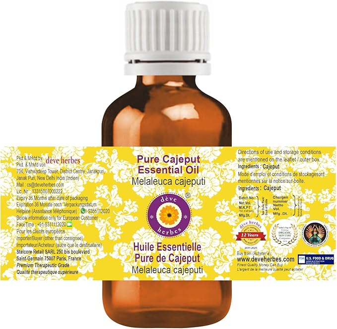 Deve Herbes Pure Cajeput Essential Oil (Melaleuca cajeputi) Steam Distilled 100ml (3.38 oz)