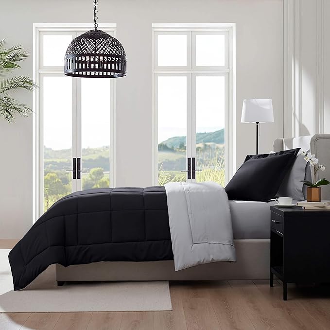 Nestl 7 Piece Twin XL Comforter Set – Black Reversible Bed in a Bag – Complete Twin XL Size Bedding Set with Sheets, Set of 2 Cooling Pillows, Pillowcase and Sham