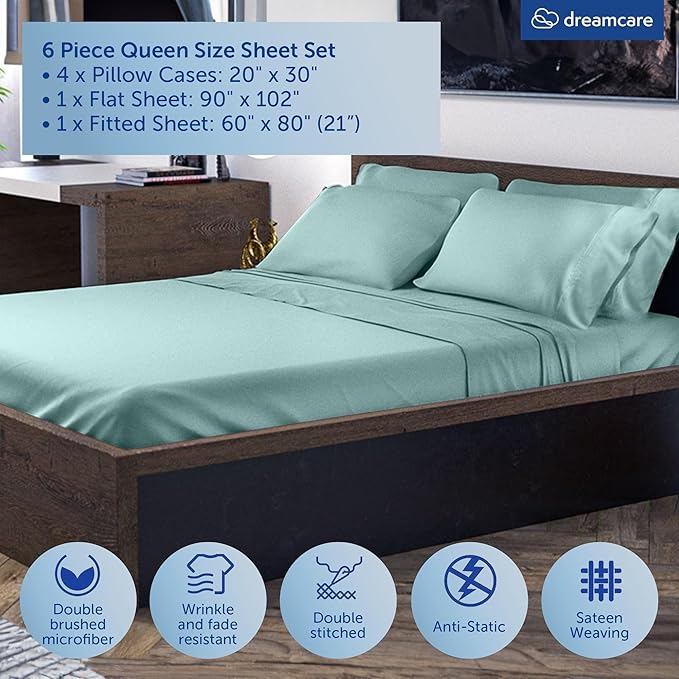DREAMCARE Queen Sheet Set - 6 pcs Breathable Cooling Bed Sheets - up to 21" Extra Deep Pocket Queen Sheets Set with Side Pockets - Extra Soft 100% Brushed Hypoallergenic Hotel Luxury Bedding -Spa Blue