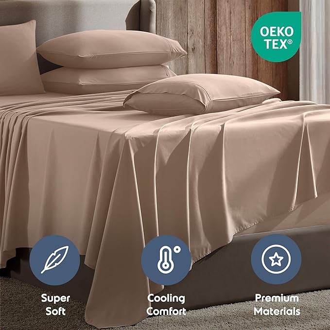 Nestl Extra Deep Split King Sheet Set - 7 Piece Breathable & Cooling Sheets - Hotel Luxury Bedding Set w/18-24 Inch Deep Pockets - Easy & Secure Fit - Super Soft, Wrinkle Free & Comfy - Taupe Sand