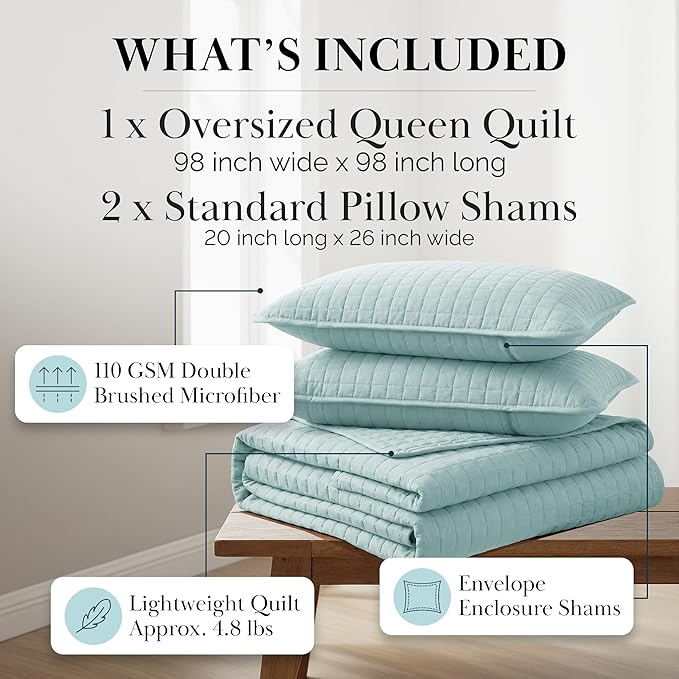 Southshore Fine Living, Inc. Bed Quilts Queen Size with 2 Pillow Shams, Full Bedding Set, Pet Hair Resistant Bedding, Quilt Coverlet Bedspreads Queen Size, Full Bedspread with 2 Pillow Shams, Sky Blue