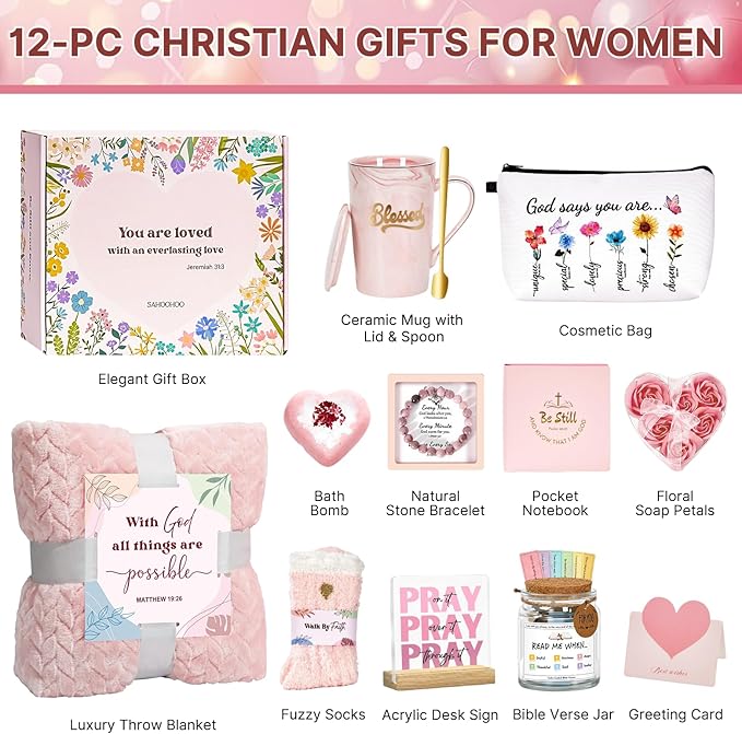 Christian Gifts for Women Faith, Religious Inspirational Catholic Encouragement Gift Sets, Unique Spiritual Christmas Birthday Gift Basket for Her Mom Grandma Sister Aunt Teacher Friend Wife w/Blanket
