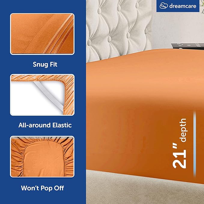 DREAMCARE King Size Sheets Set - 6 pcs Breathable Cooling Bed Sheets -up to 21" Extra Deep Pocket King Sheet Set with Side Pockets Extra Soft 100% Brushed Hypoallergenic Hotel Luxury Bedding Terracota