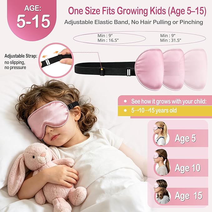 Kids Sleep Mask Eye Cover, Silk Sleeping Mask for Kids, Soft Blackout Blindfold Eye Mask with Adjustable Strap & Laundry Bag for Easy Washing, Gift for Girls Boys Ages 5-15 (Pink)
