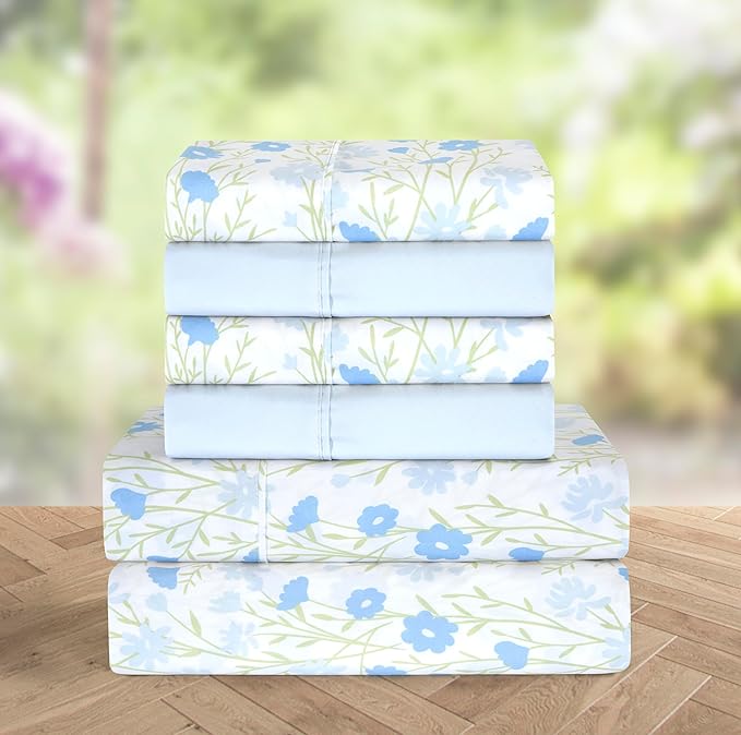 Elegant Comfort Softest and Coziest 6-Piece Sheet Set - 1500 Premium Hotel Quality Microfiber - Deep Pocket, Wrinkle Resistant 6-Piece Floral Bed Sheet Set, California King, Laurel Blue