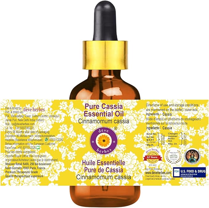 Deve Herbes Pure Cassia Essential Oil (Cinnamomum Cassia) with Glass Dropper Steam Distilled 10ml (0.33 oz)