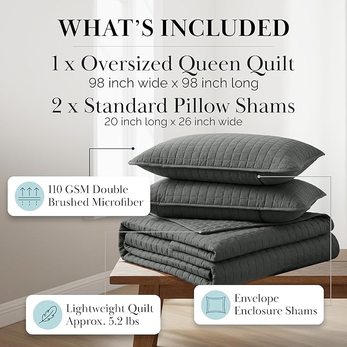 Southshore Fine Living, Inc. Summer Bedspreads Queen Size Set, Full/Queen Quilt Bedspread with 2 Matching Pillow Shams, Soft Microfiber Comforter Set, Lightweight Quilts Coverlet, Slate Grey Quilts