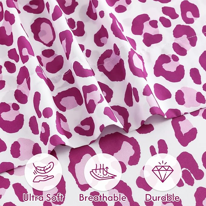Full Size Sheets Set, Leopard 4-Piece Brushed Microfiber Sheets, Cooling Bed Sheet Set, Soft & Breathable, 16' Deep Pocket Fitted Sheet & Pillowcase Set, Pink Leopard