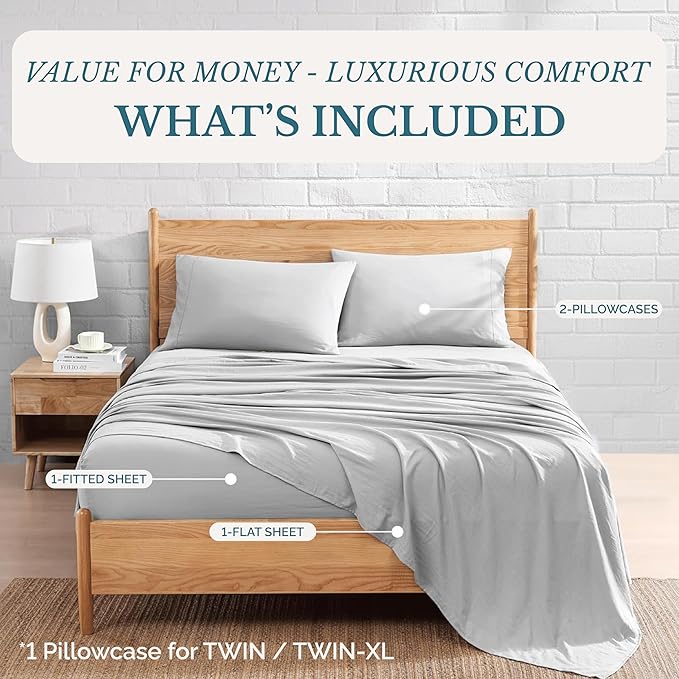 Casa Platino Twin Sheets, 3 Piece Set, Pre-Washed Ultra Soft & Breathable Bed Sheets Set, Brushed Microfiber Sheet, Fade Resistant Bedding with Deep Pockets – Silver