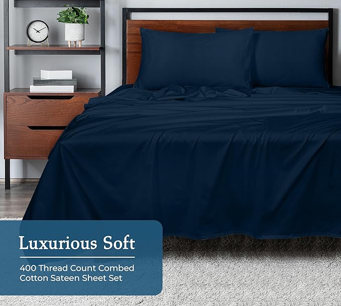 ROYALE LINENS 400 Thread Count 100% American Grown Cotton 4 Piece Sateen King Sheet Set - 1 Fitted Sheet, 1 Flat Sheet, 2 Pillow case - Navy King Bedsheet - Cotton Sheets - (King, Rivera Navy)