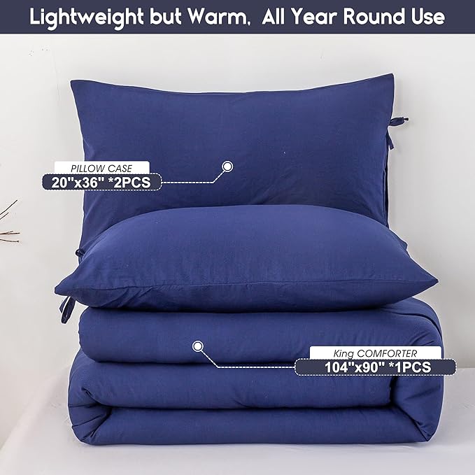Ultra-Soft Bedding King Size Comforter Set - Cozy Washed PolyCotton Fabric - Lightweight but Warm All Season Use - Comfortable Bed Down Alternative Blanket Comforter with Pillowcase,Navy Blue