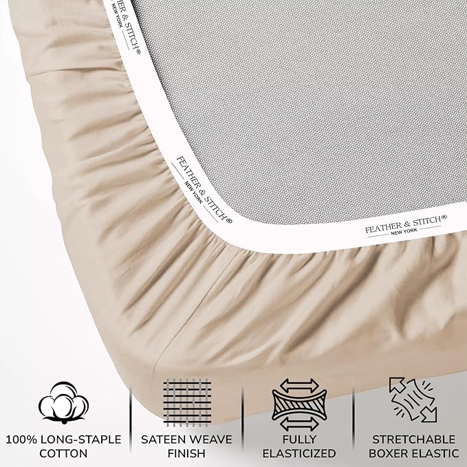 Feather & Stitch 500 TC Queen Size 4pc Damask Bed Sheet Set, 100% Soft Cotton Breathable Bedsheets, 18" Deep Pockets Sateen Weave Solid Bedding Mattress Resort Hotel Luxury Decor - (Champagne Beige)