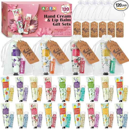 AZEN 120 Sets Bulk Gifts, Hand Cream and Lip Balm Bulk Set with Organza Bag Thank You Card, Baby Shower Wedding Gift for Guests, Bridal Wedding Favors for Guests, Mothers Day Gifts Stocking Stuffers