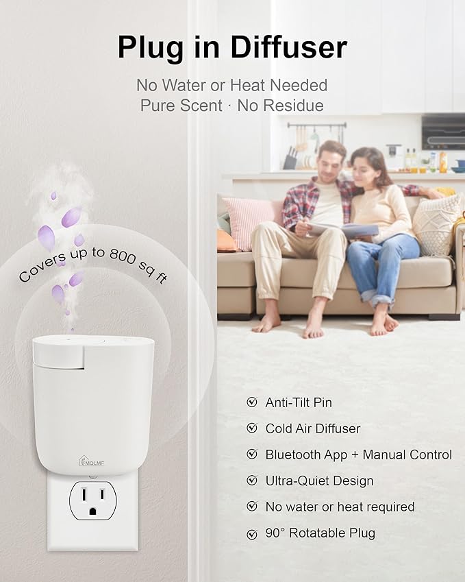 Plug in Diffuser - 800 Sq Ft,No Wobble Design,Secure Wall Fit,Timer Control&Scent Intensity Button,Bluetooth APP,Waterless Scent Diffusers Home,Essential Oil Plug in Wall Diffuser – White