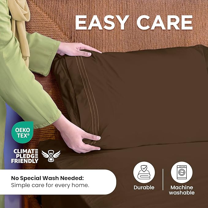 ROYALE LINENS 4 Piece Cal King Sheets Set - Soft Brushed 1800 Microfiber - 1 Fitted, 1 Flat Sheet, 2 Pillowcases - Wrinkle Free & Fade Resistant - Hotel Luxury Bed Sheets (Chocolate Brown, Cal King)