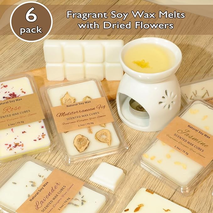 SCENTORINI Wax Melts, 6 Pack Scented Wax Cubes, Soy Wax Melts Tarts with Natural Dried Flower & Highly Scented Essential Oil, Candle Wax for Warmer Gift Set for Home Fragrance