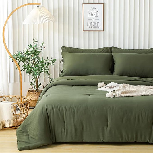 5-Piece Ultra-Soft Twin Bed Sheets and Comforter Set, Lightweight Washed Cozy PolyCotton Quilt for All Season, 1 Comforter Flat Sheet Fitted Sheet 1 Pillow Case 1 Pillowsham(Olive Green,Twin)