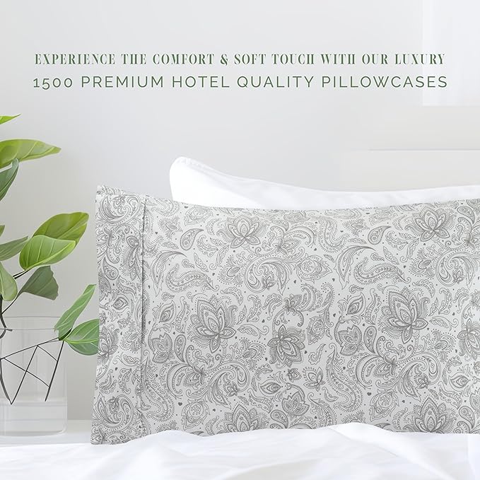 Elegant Comfort Ultra Soft Set of 2 Floral Print Pillowcases - 1500 Premium Hotel Quality Microfiber, Soft and Smooth Envelope Closure 2-Piece Pillow Covers - King, Paisley Gray