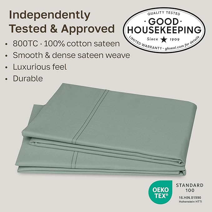 California Design Den King Size Pillow Cases Set of 2 - Luxuriously Soft and Thick 800 Thread Count, Smooth Sateen, Natural 100% Cotton Pillow Cases King, Durable - Sage Green