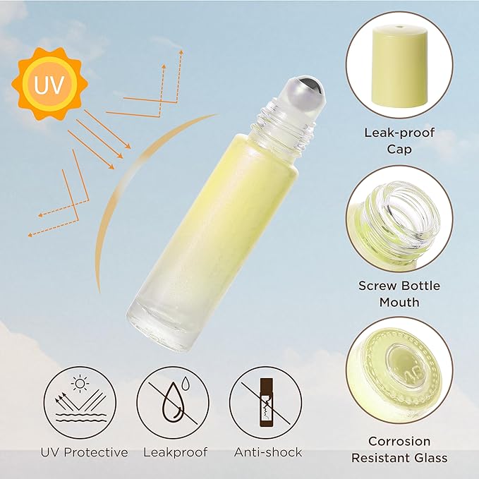 SESENSE Essential Oil Roller Bottles, 10ml Thick Glass Perfume Roller Bottles with Funnel Opener and Dropper Colored Glass Empty Bottles with Stainless Steel Roller Balls (Yellow, 4 Pack)