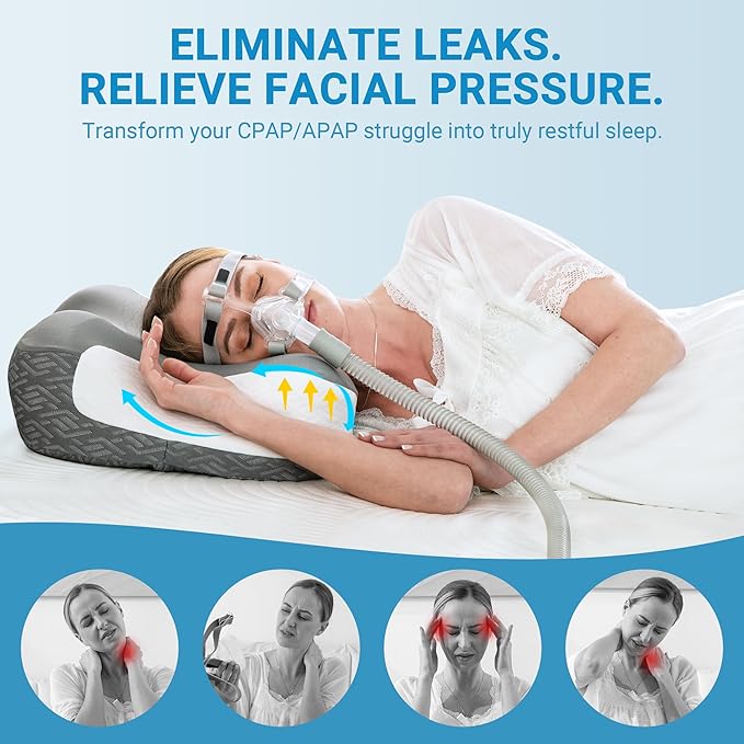 Elviros Neck Pillow for Pain Relief Sleeping, 2 Pack CPAP Pillows for Side, Back & Stomach Sleepers, Ergonomic Orthopedic Pillow for CPAP Users to Reduce Air Leaks and Mask Pressure, Dark Grey