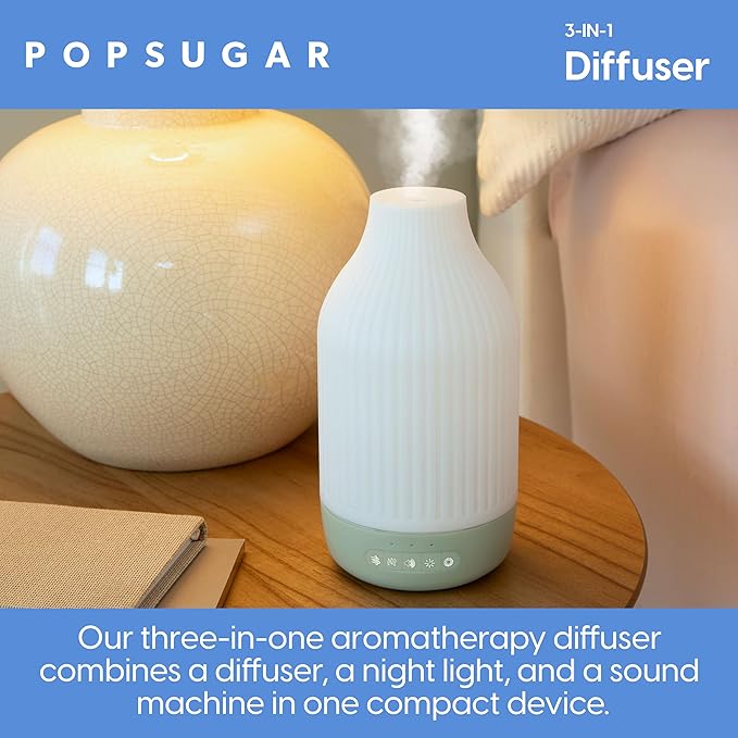 POPSUGAR 3-in-1 Aromatherapy Essential Oil Diffuser for Rooms and Home, Humidifier with Light and Natural Sound Settings, Auto Shut Off