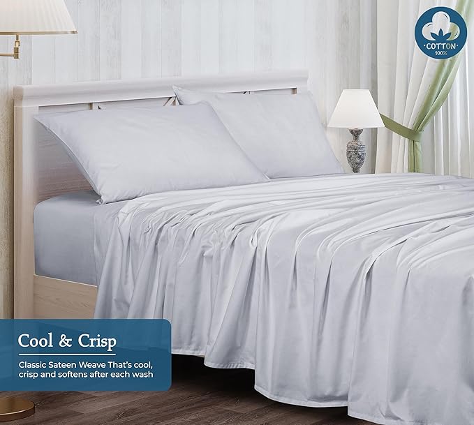 ROYALE LINENS 400 Thread Count 100% American Grown Cotton 4 Piece Sateen King Sheet Set - 1 Fitted Sheet, 1 Flat Sheet, 2 Pillow case - Silver King Bedsheet - Cotton Sheets - (King, Spanish Silver)