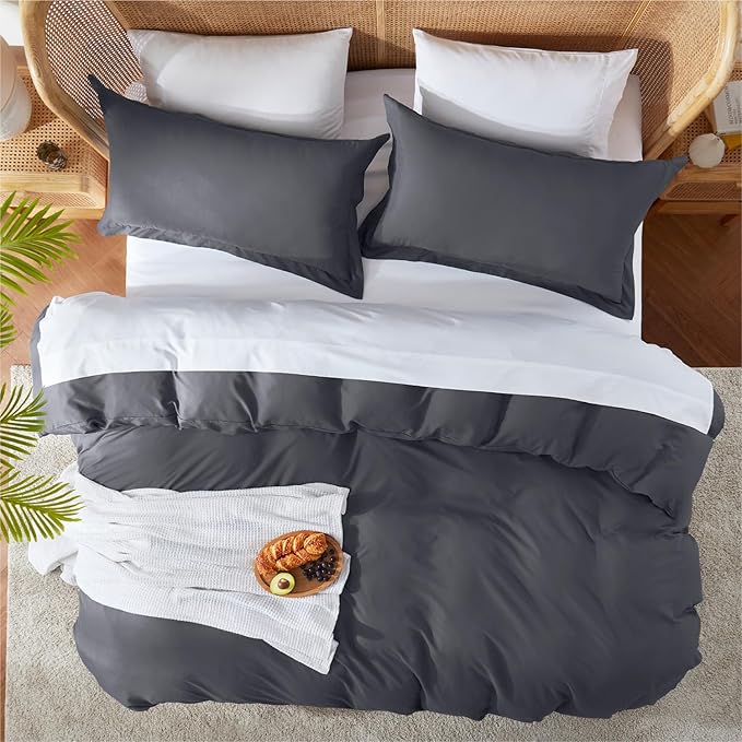 Nestl Twin Duvet Cover Set with Comforter Insert - Dark Grey 3 Piece 68x90 Duvet Cover & 1 Pillow Sham with White Quilted Down Alternative Comforter, Ultra Soft, All Season
