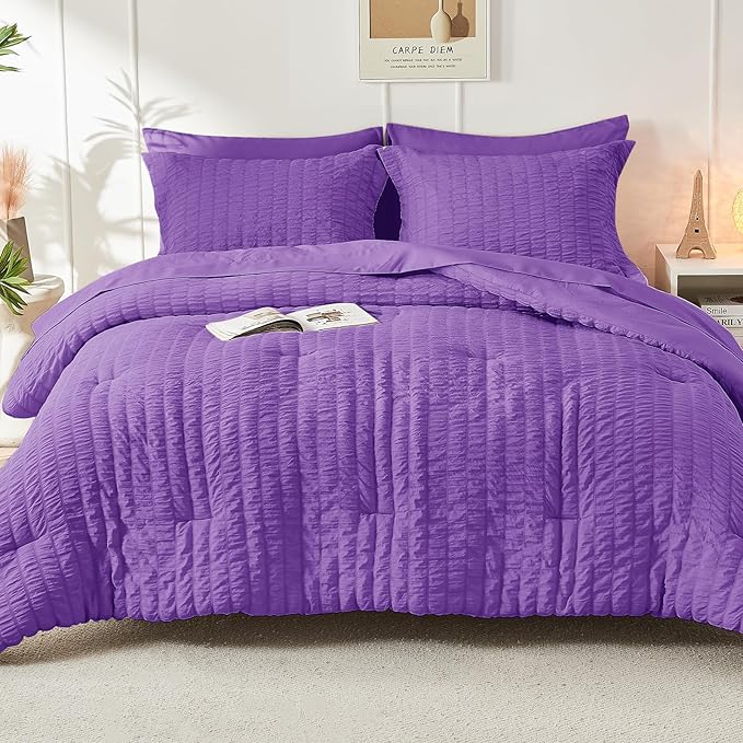 HYMOKEGE Bright Purple Twin XL Comforter Set Seersucker 5 Pieces, All Season Luxury Bed in a Bag for Bedroom, Bedding Set with Comforter, Sheets, Pillowcase & Sham