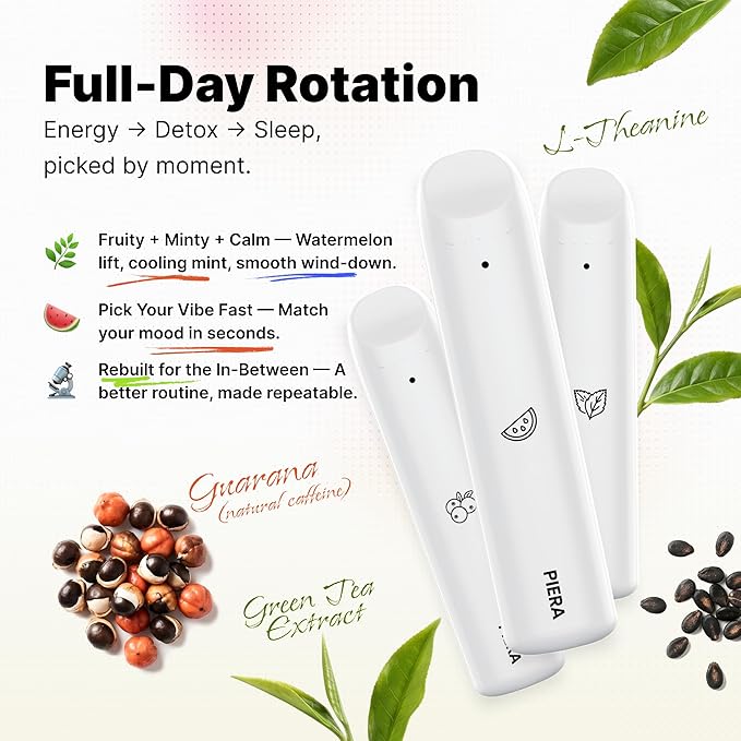 PIERA Herbal Diffuser Pen Starter Trio – Rechargeable Aromatherapy Set with 3 Plant-Based Blends (Sleep, Energy, Refresh) – Portable, Nicotine-Free – 1000 Uses Each – 3 Pack