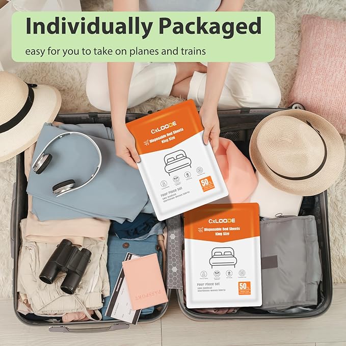 2 Pack Disposable Bed Sheets Fitted Sheet King Size, Disposable Travel Sheet for Hotel with Quilt Cover and Pillowcase, Disposable Bedding Travel Bedding Disposable Sheets for Travel Hotel Hospital