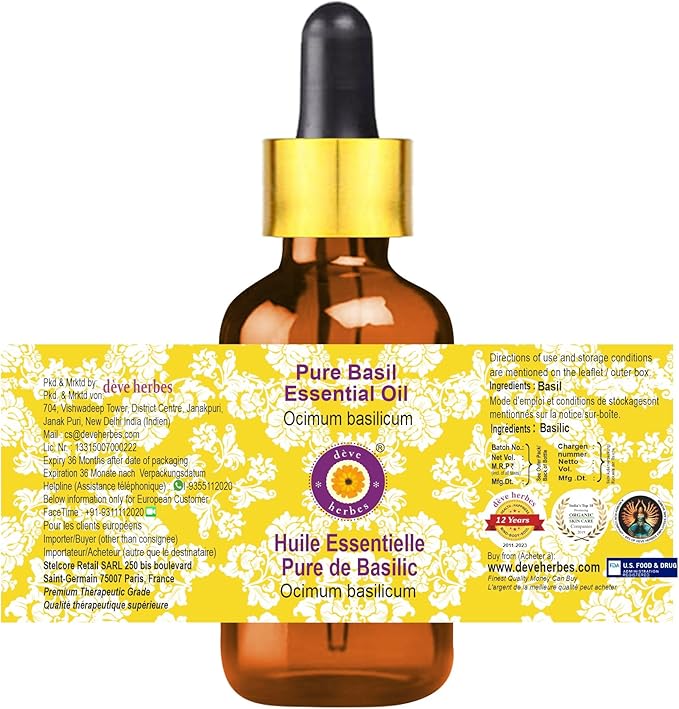 Deve Herbes Pure Basil Essential Oil (Ocimum basilicum) with Glass Dropper Steam Distilled 15ml (0.50 oz)