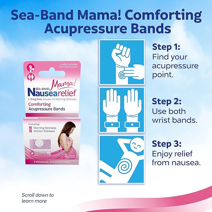 Sea-Band Mama Maternity Kit That Includes: 1 Pair of Maternity Anti Nausea Morning Sickness Bands, Drug-Free Nausea Relief Ginger Lozenges, and an Aromatherapy Calming Rollette with Essential Oils
