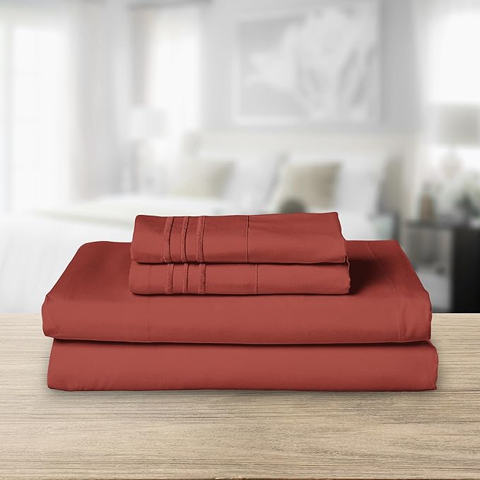 Elegant Comfort Luxurious 1500 Premium Hotel Quality Microfiber Three Line Embroidered Softest 4-Piece Bed Sheet Set, Wrinkle and Fade Resistant, King, Rust