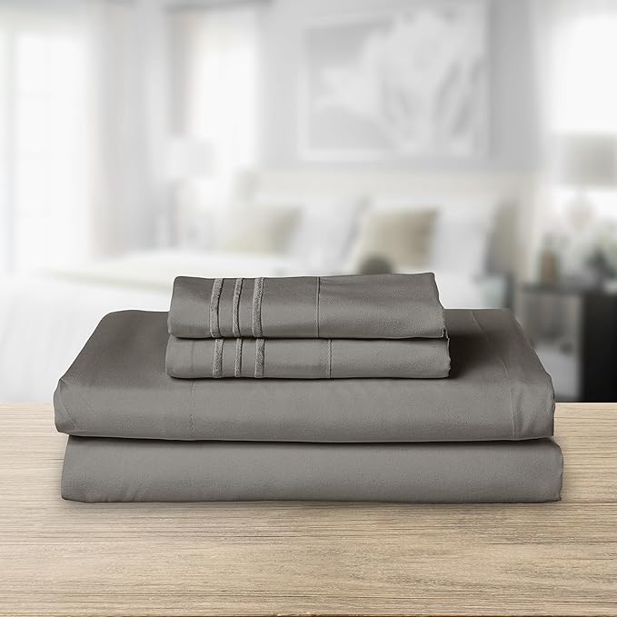 Elegant Comfort Luxurious 1500 Premium Hotel Quality Microfiber Three Line Embroidered Softest 4-Piece Bed Sheet Set, Wrinkle and Fade Resistant, King, Gray