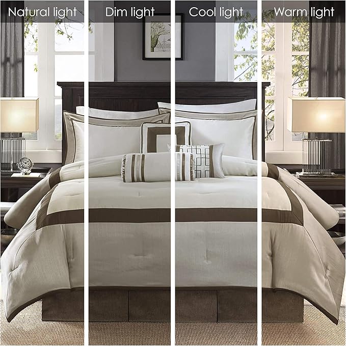 Madison Park Cozy Comforter Set-Deluxe Hotel Collection, All Season Down Alternative Luxury Bedding with Matching Shams, Decorative Pillows, California King (104"x92"), Genevieve, Taupe/Brown 7 Piece