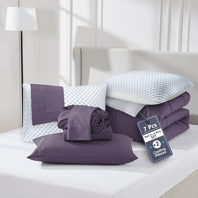 Nestl 7 Piece Twin Comforter Set – Purple Reversible Bed in a Bag – Complete Twin Size Bedding Set with Sheets, Set of 2 Cooling Pillows, Pillowcase and Sham