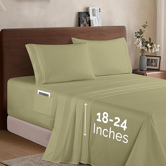 Elegant Comfort Luxury 1500 Premium Hotel Quality Microfiber 4-Piece Sheet Set - Soft, All Around Elastic 18-24 Inches Deep Fitted Sheet - Extra Deep Pocket Sheets, Twin/Twin XL, Sage/Green