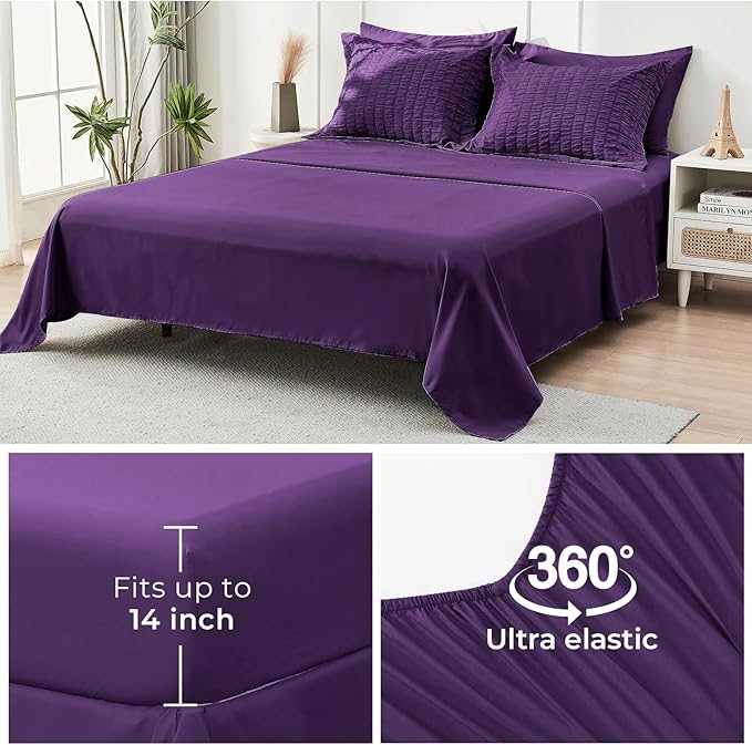 HYMOKEGE Dark Purple Queen Comforter Set Seersucker 7 Pieces, All Season Luxury Bed in a Bag Queen for Bedroom, Bedding Set with Comforter, Sheets, Pillowcases & Shams