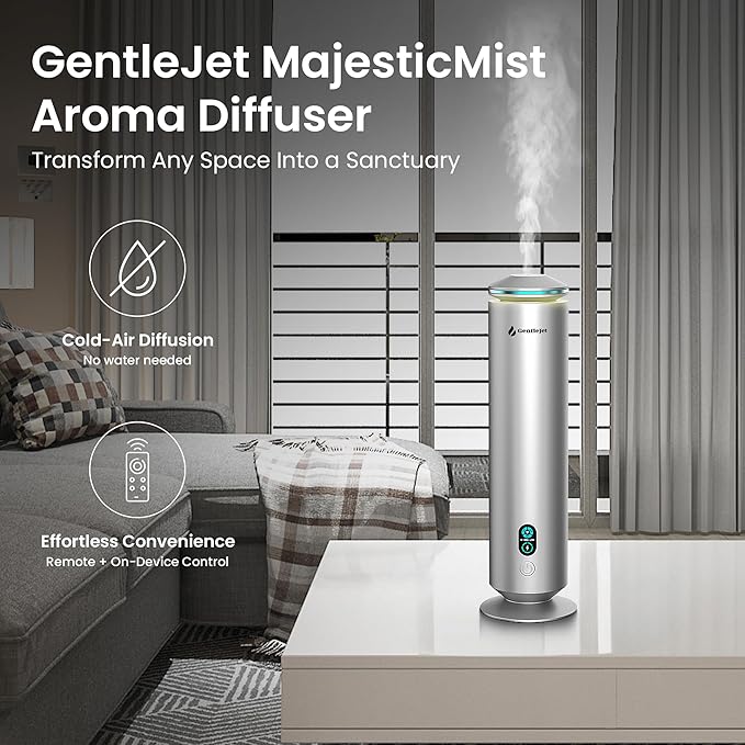GentleJet MajesticMist Waterless Essential Oil Diffuser WiFi, Cold Air Nebulizing Scent Machine for Large Room (1000 sq ft), Smart App & Remote Control, Quiet Aluminum Diffuser, Plug-in