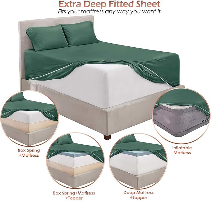 Nestl Queen Size Sheet Set, 4 Piece Extra Deep Pocket (18-24 inches), Microfiber, Cooling, Hotel Luxury, Soft, Breathable, Wrinkle-Free, Easy to Care, Forest Green