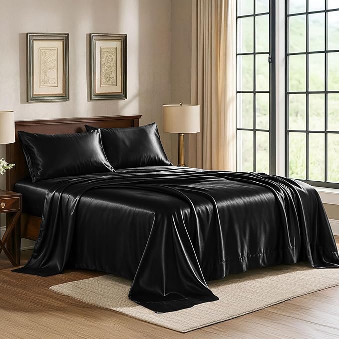 Satin Sheets California King [4-Piece, Black] Luxury Silky Bed Sheets - Extra Soft 1800 Microfiber Sheet Set, Wrinkle, Fade, Stain Resistant - Deep Pocket Fitted Sheet, Flat Sheet, Pillow Cases