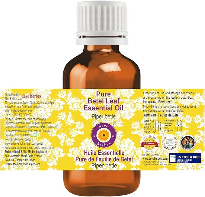 Deve Herbes Pure Betel Leaf Essential Oil (Piper betle) Steam Distilled 15ml (0.50 oz)