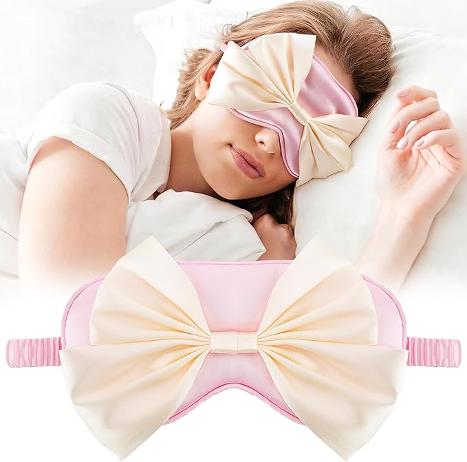 Silk Bow Sleepping Eye Mask - Soft Silk Pink Comfortable Blindfold Block Light Eyes Masks for Women Travel Bed Sleep Office Sleepover Nap Party Gift Supplies